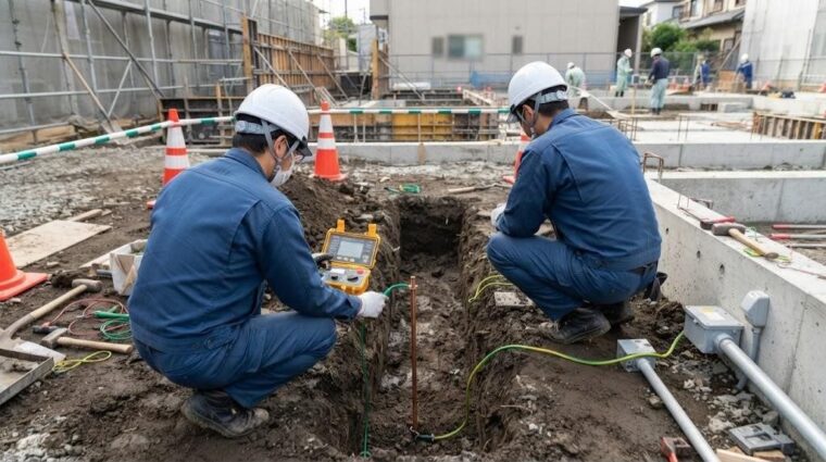 接地極の埋設と抵抗測定（AI生成イメージ）