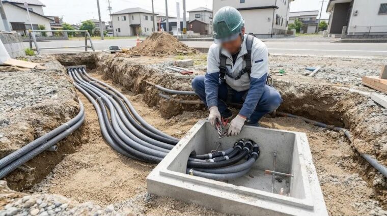 屋外埋設配管とハンドホール（AI生成イメージ）