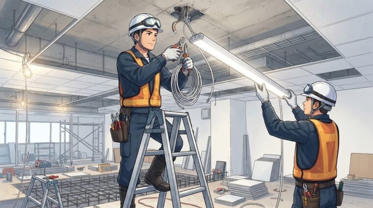 LEDベースライトの取付（アニメ調・AI生成イメージ）