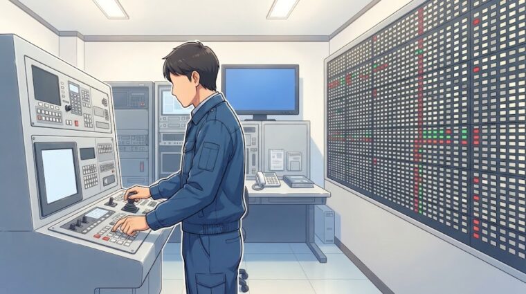 自火報受信機の操作（アニメ調・AI生成イメージ）