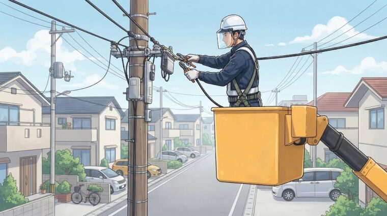 電柱上の引込線接続（アニメ調・AI生成イメージ）