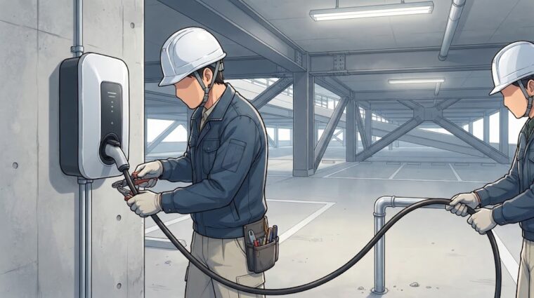 EV充電器の設置（アニメ調・AI生成イメージ）