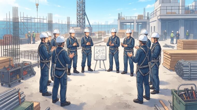 朝礼とKY活動（アニメ調・AI生成イメージ）