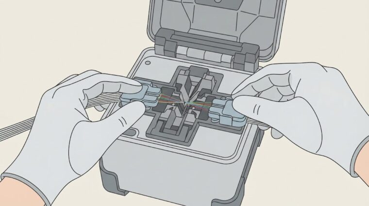 光ファイバの融着接続（フラットイラスト調・AI生成イメージ）