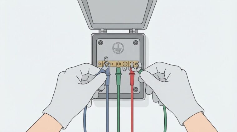 接地端子箱と接地抵抗計（フラットイラスト調・AI生成イメージ）
