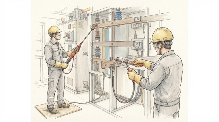 検電と短絡接地器具の取付（手描き図解調・AI生成イメージ）