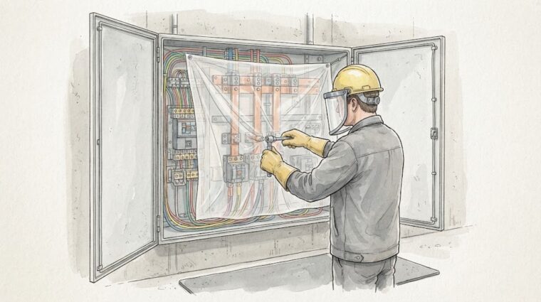 活線近接作業と絶縁用保護具（手描き図解調・AI生成イメージ）