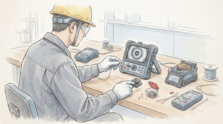 光ファイバ作業の保護具と端面くず処理（手描き図解調・AI生成イメージ）