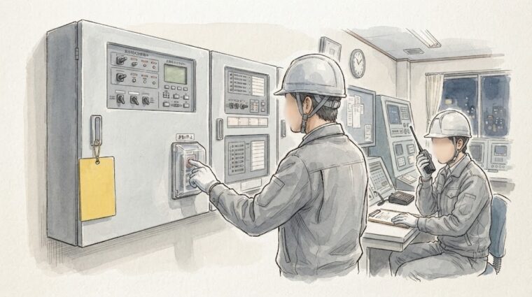 自火報点検の連動停止と周知（手描き図解調・AI生成イメージ）