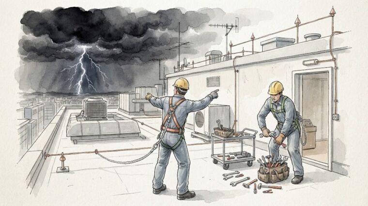 雷雲接近時の屋外作業中止（手描き図解調・AI生成イメージ）