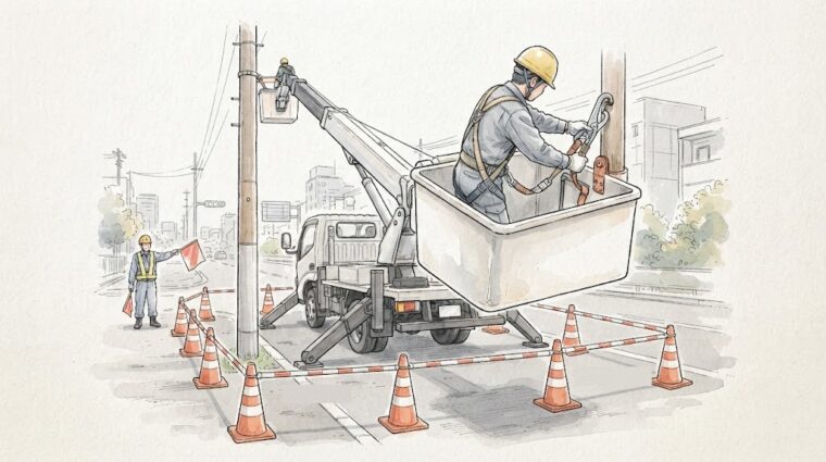 高所作業車のフック掛けと立入禁止措置（手描き図解調・AI生成イメージ）