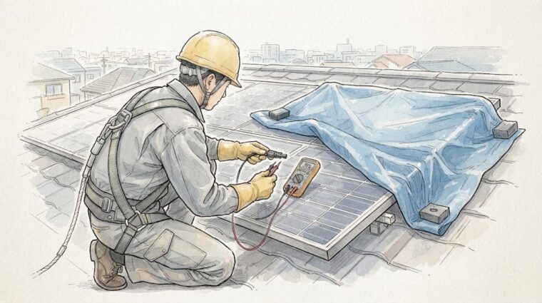 太陽光パネルの直流感電注意（手描き図解調・AI生成イメージ）