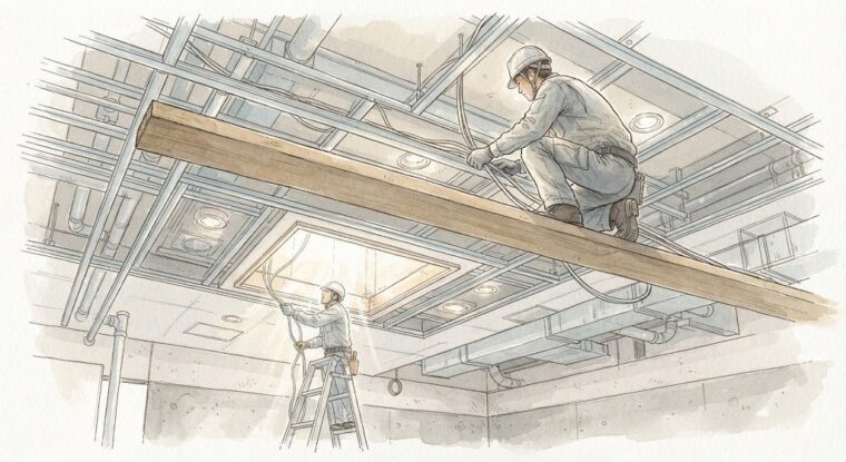 天井裏作業の踏み抜き防止（手描き図解調・AI生成イメージ）
