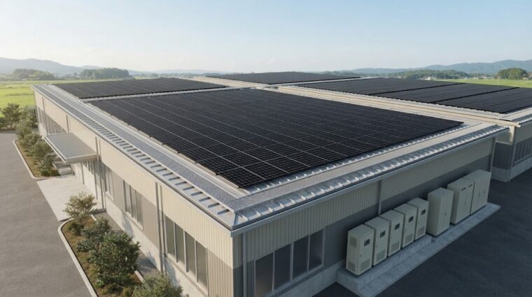 工場屋根の太陽光＋蓄電池の完成予想（提案パース）
