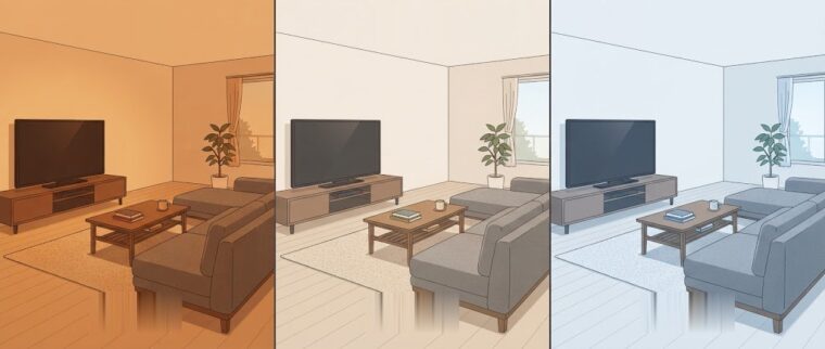色温度の比較・住宅リビング（フラットイラスト調）