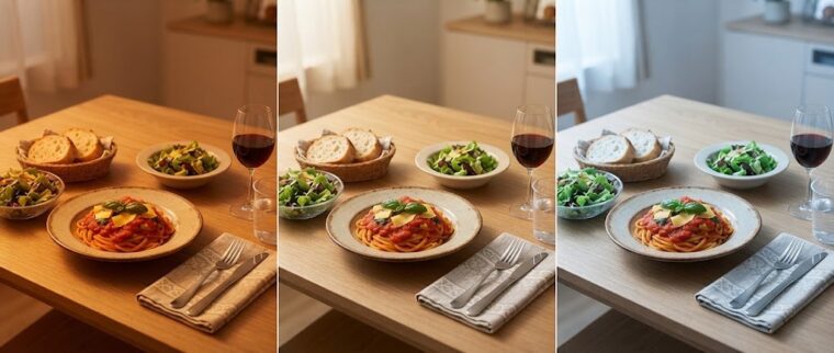 色温度による料理の見え方の比較・食卓