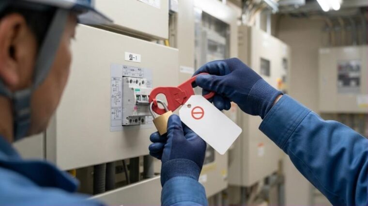 通電禁止表示と施錠（AI生成イメージ）