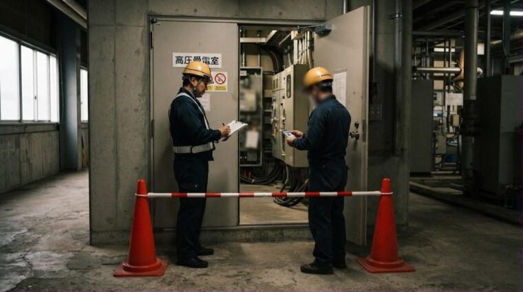 受変電室での立入管理（AI生成イメージ）