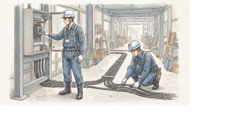 仮設分電盤の始業前点検（手描き図解調・AI生成イメージ）