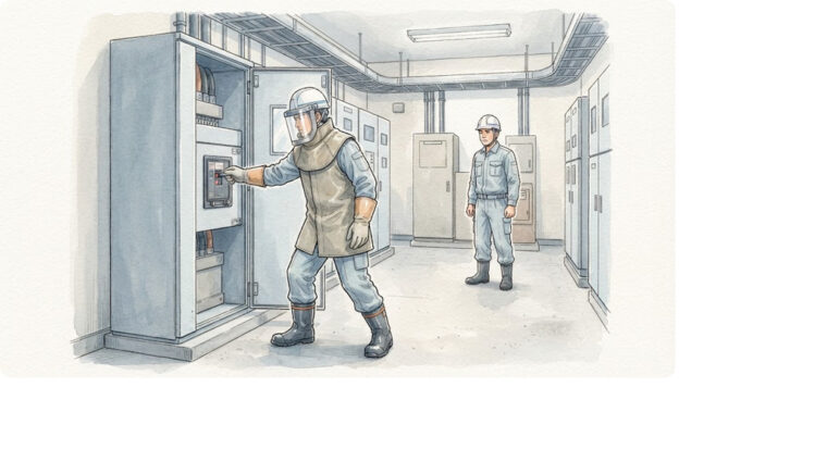 遮断器投入時のアーク閃光対策（手描き図解調・AI生成イメージ）