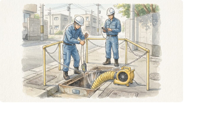 ハンドホール内作業の酸素濃度測定と換気（手描き図解調・AI生成イメージ）