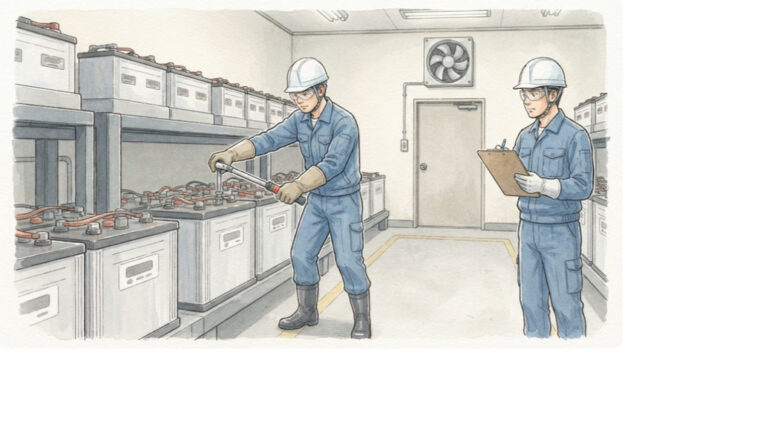 蓄電池室の点検と短絡防止（手描き図解調・AI生成イメージ）