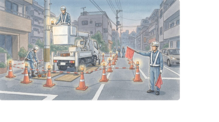 道路上作業の保安措置と交通誘導（手描き図解調・AI生成イメージ）