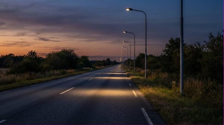 照明の配置イメージ・道路（片側配置と配光の重なり）