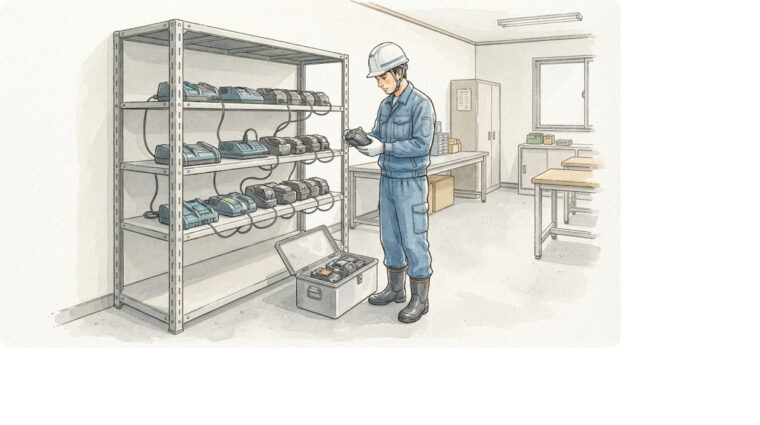 電動工具バッテリーの充電と保管（手描き図解調・AI生成イメージ）