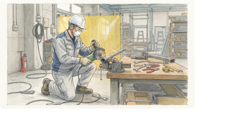 グラインダ作業の保護具と飛散防止（手描き図解調・AI生成イメージ）