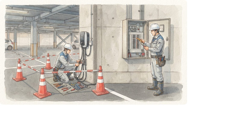 EV充電設備の設置作業と停電確認（手描き図解調・AI生成イメージ）
