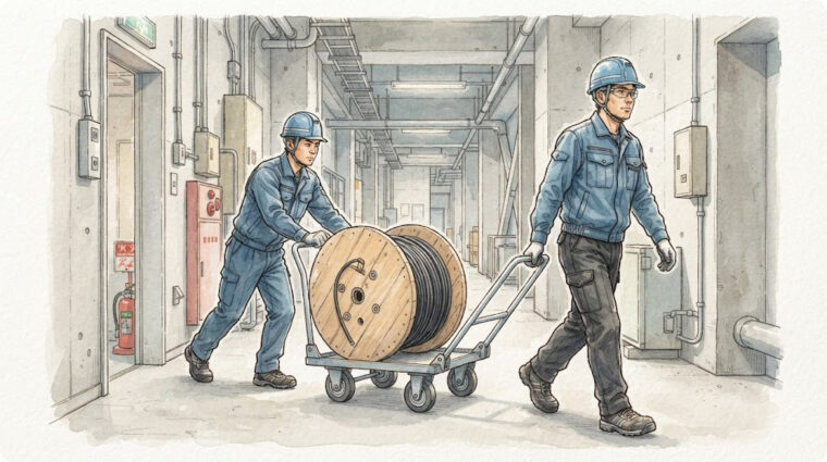 狭い通路での重量物の運搬（手描き図解調・AI生成イメージ）