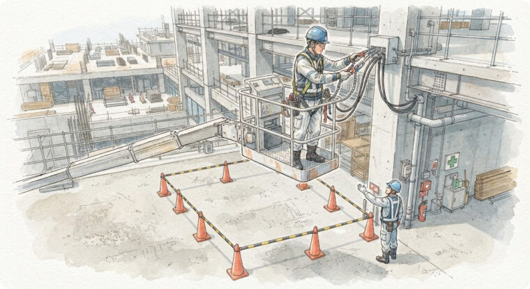 高所作業での工具の落下防止（手描き図解調・AI生成イメージ）