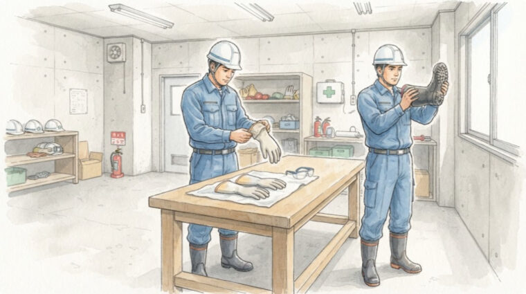 絶縁用保護具の作業前点検（手描き図解調・AI生成イメージ）