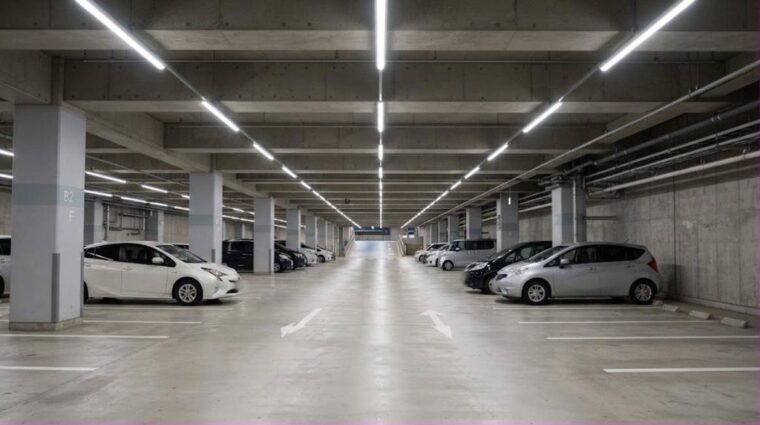 照明の配置イメージ・屋内駐車場（天井のLED列状配置）