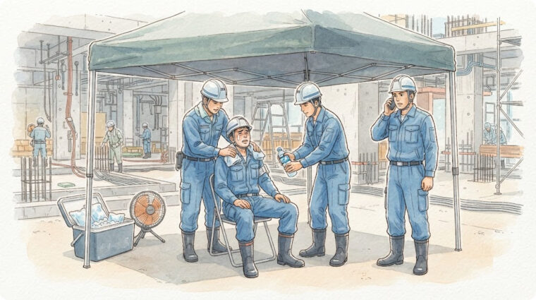熱中症の初期対応（手描き図解調・AI生成イメージ）