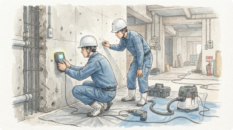 穿孔前の鉄筋・埋設物の探査（手描き図解調・AI生成イメージ）