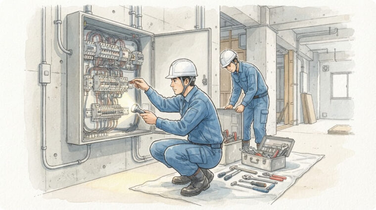 通電前の増し締めと置き忘れ確認（手描き図解調・AI生成イメージ）