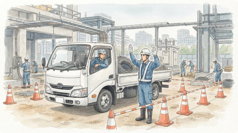 工事車両のバック誘導（手描き図解調・AI生成イメージ）