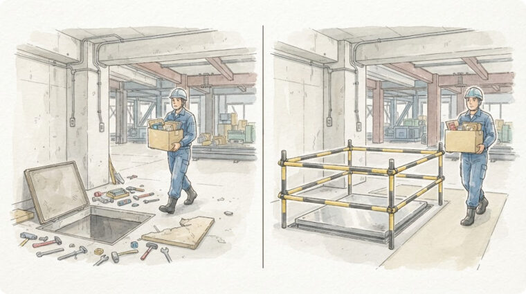 【比較】開口部の養生 ありなし（手描き図解調・AI生成イメージ）