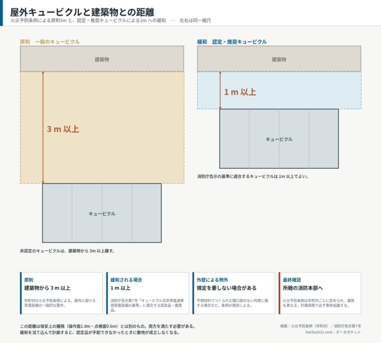 屋外キュービクルと建築物との距離（原則3mと1mへの緩和）