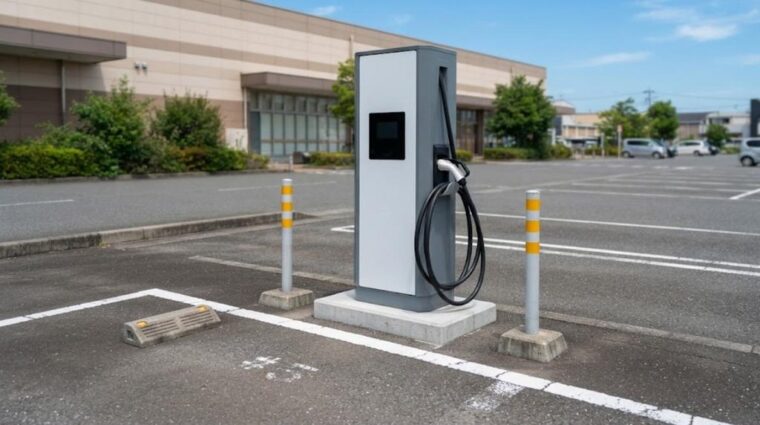 EV急速充電器の設置イメージ・屋外駐車場（AI生成イメージ）