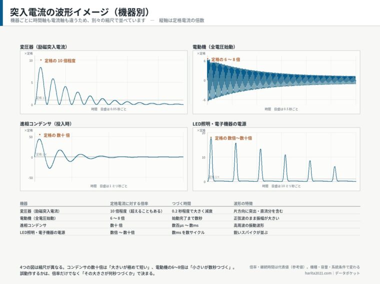 突入電流の波形イメージ（機器別）