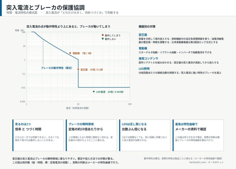 突入電流とブレーカの保護協調（時間‐電流特性の模式図）