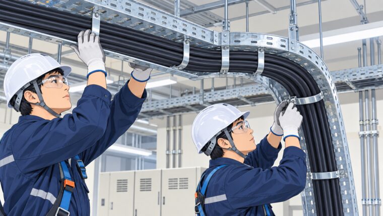ケーブルラックへのケーブル布設（AI生成イメージ）