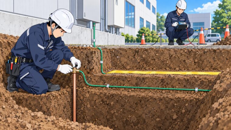 接地極と接地線の施工（AI生成イメージ）