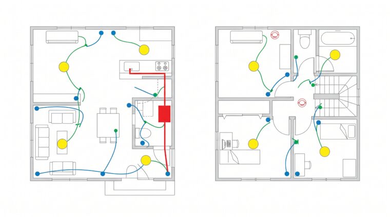戸建住宅の電気設備平面図（AI生成イメージ）