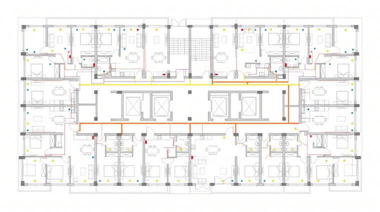 マンション基準階の電気設備平面図（AI生成イメージ）
