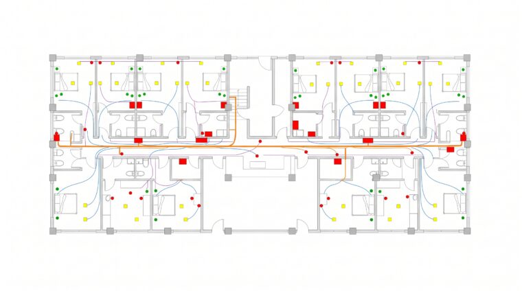 病院病棟の電気設備平面図（AI生成イメージ）