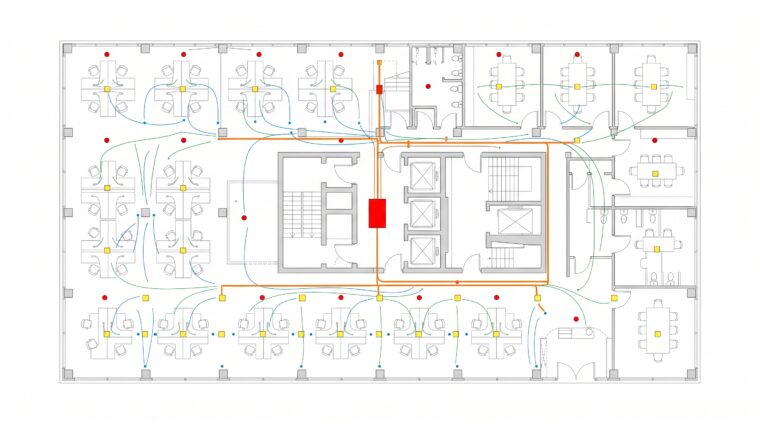 事務所ビルの電気設備平面図（AI生成イメージ）